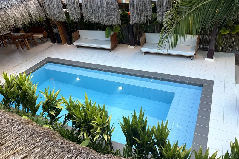 The pool seen from above, edged with tropical plants